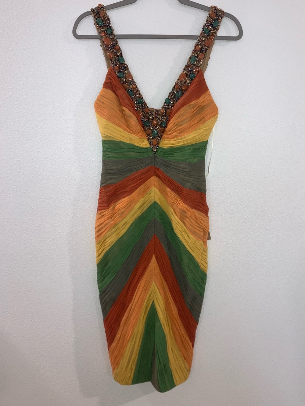 Mandalay 100% Silk Rainbow Stripe Mini Sheath Dress Beaded Strap Sleeveless NWT - Picture 4 of 16